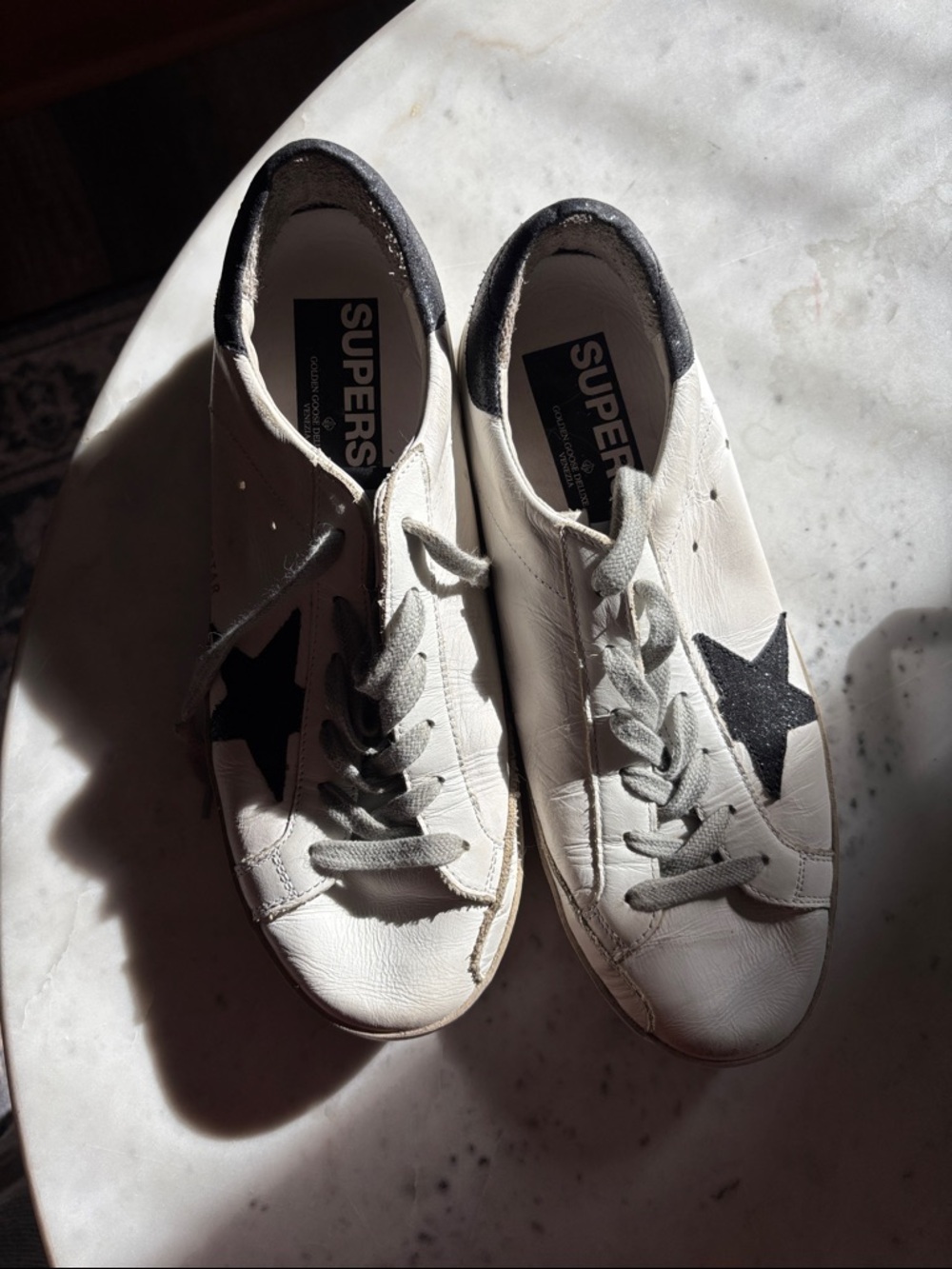 Golden Goose White Leather Sneakers with Black glitter Star Accent - Picture 2 of 5